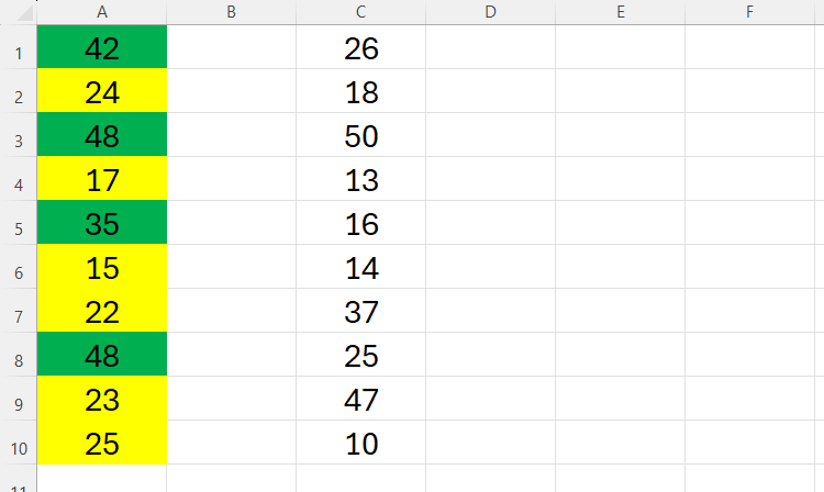 Cells A1 to A10 in Excel are colored either yellow or green depending on their values.