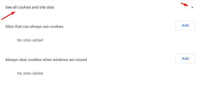 Click on 'See all cookies and site data' option
