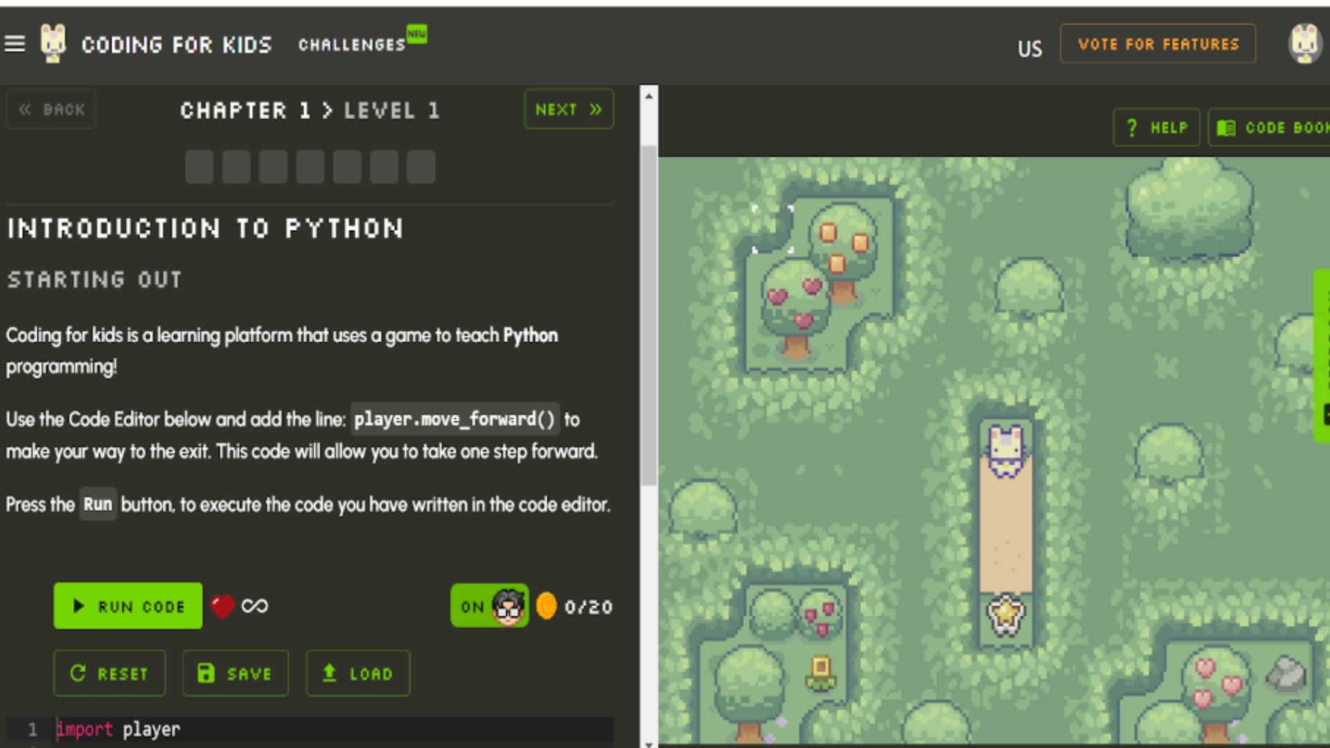 CodingForKids gameplay being shown displaying a pixel art type game style in an interactive platform.