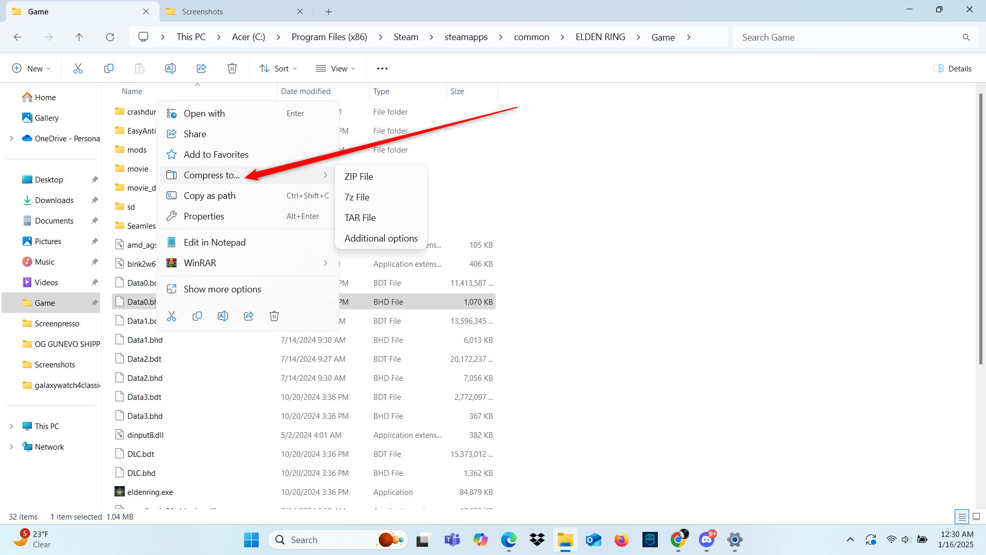 The "Compress File" option in File Explorer.