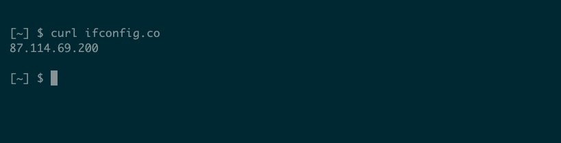 Output from a curl request to ifconfig.co shows an IP address.