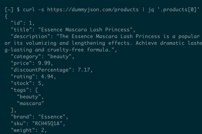 JSON-formatted data representing a product obtained from dumyjson.com using curl and jq.