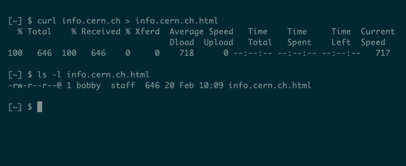 A curl command with output redirected to a file, showing timing information for the transfer.