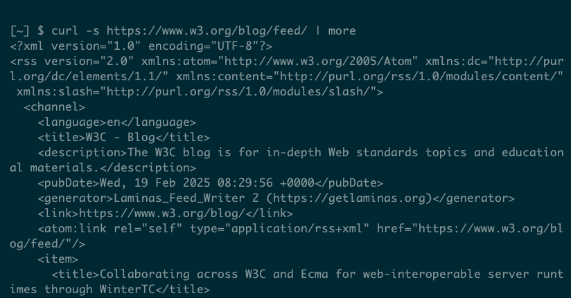 XML-formatted data obtained via a curl request to an RSS feed URL.