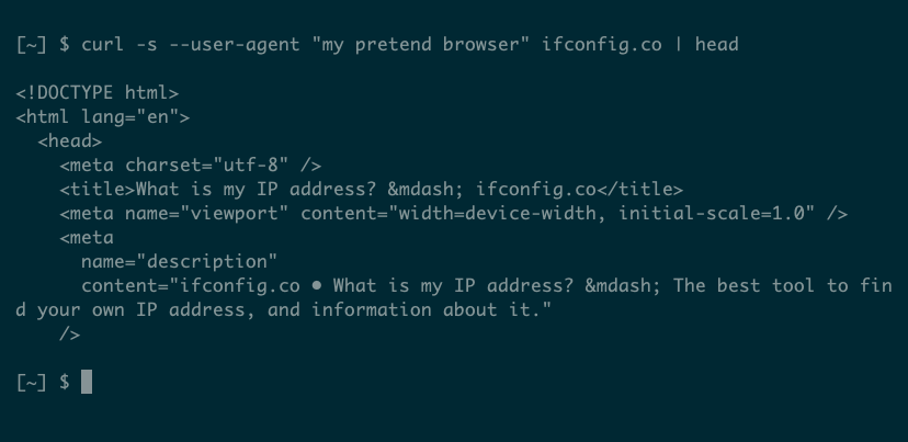 Output from a curl request to ifconfig.co with a modified user agent showing HTML source in response.