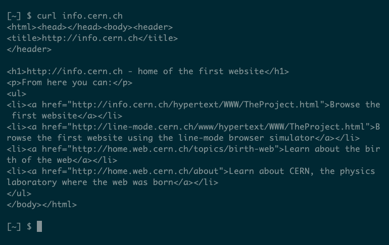 The output from a simple curl request showing HTML source.