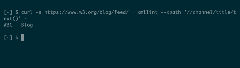 A single piece of data, representing the title of an RSS feed, extracted using curl and xmllint.