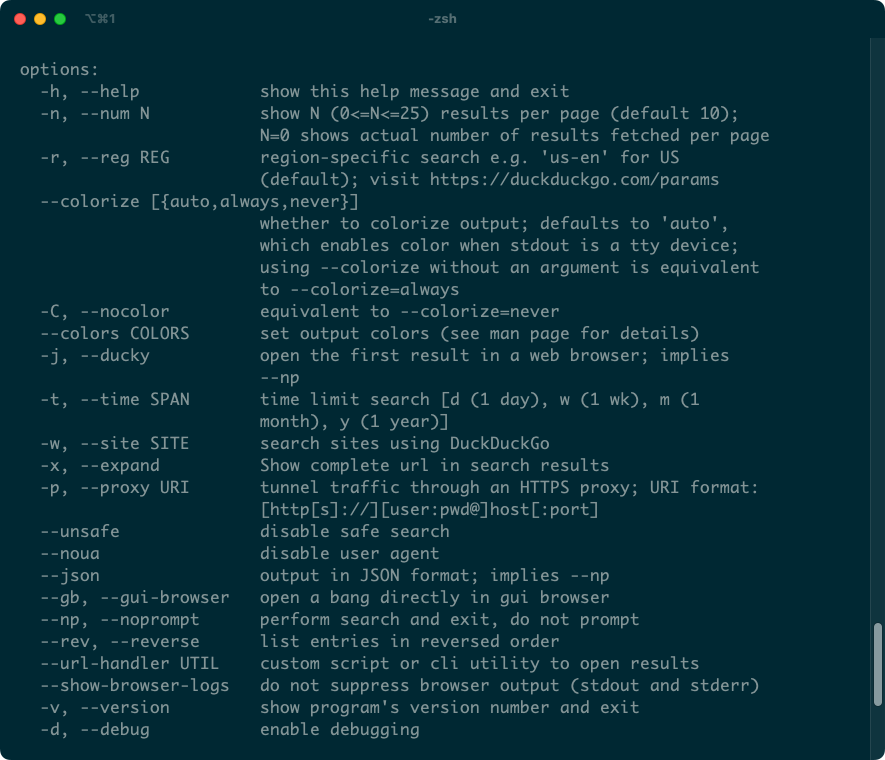 ddgr’s command-line options including --num, --time, and --site.