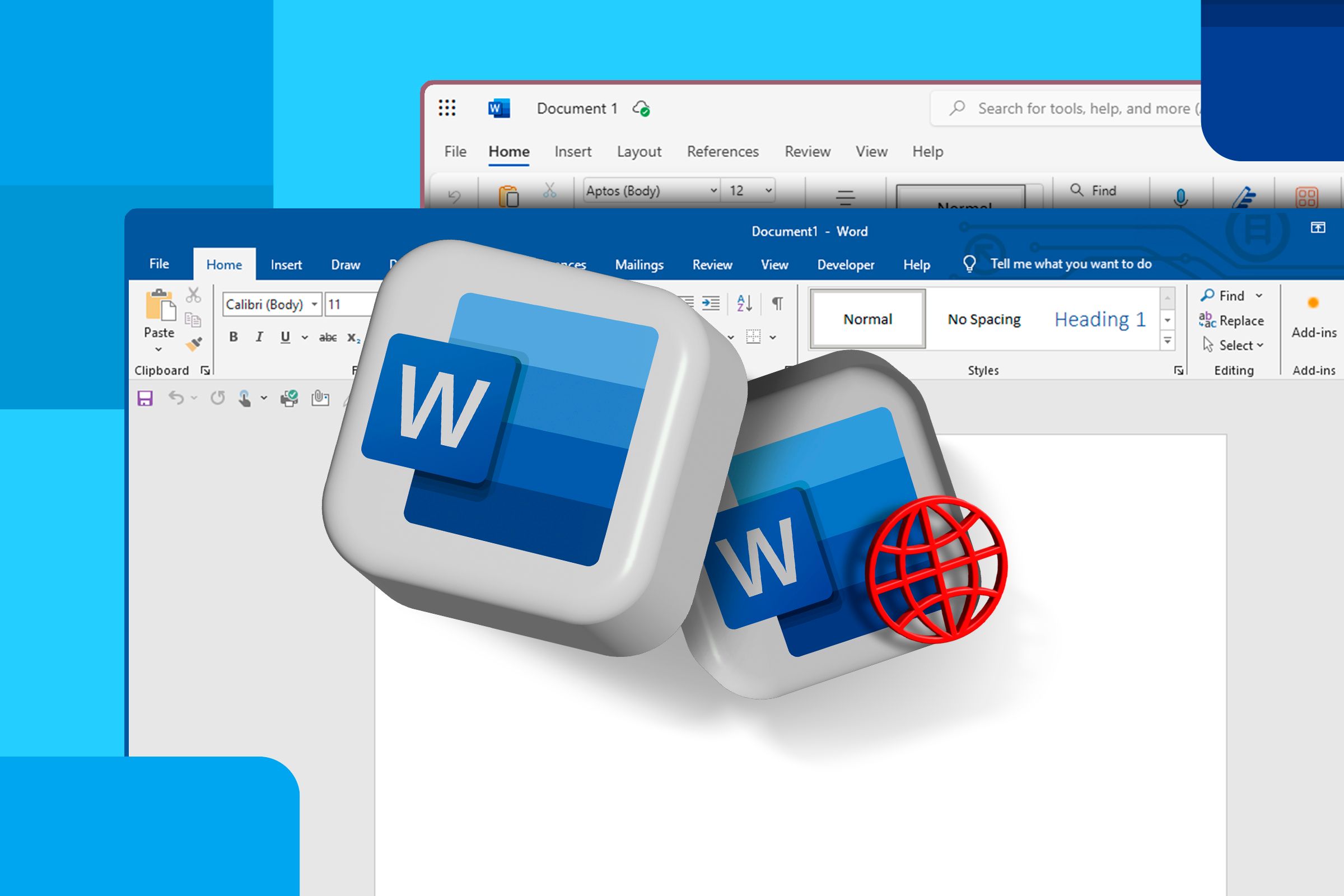 Desktop and online Microsoft Word windows with the Word logo in the center of the screen.