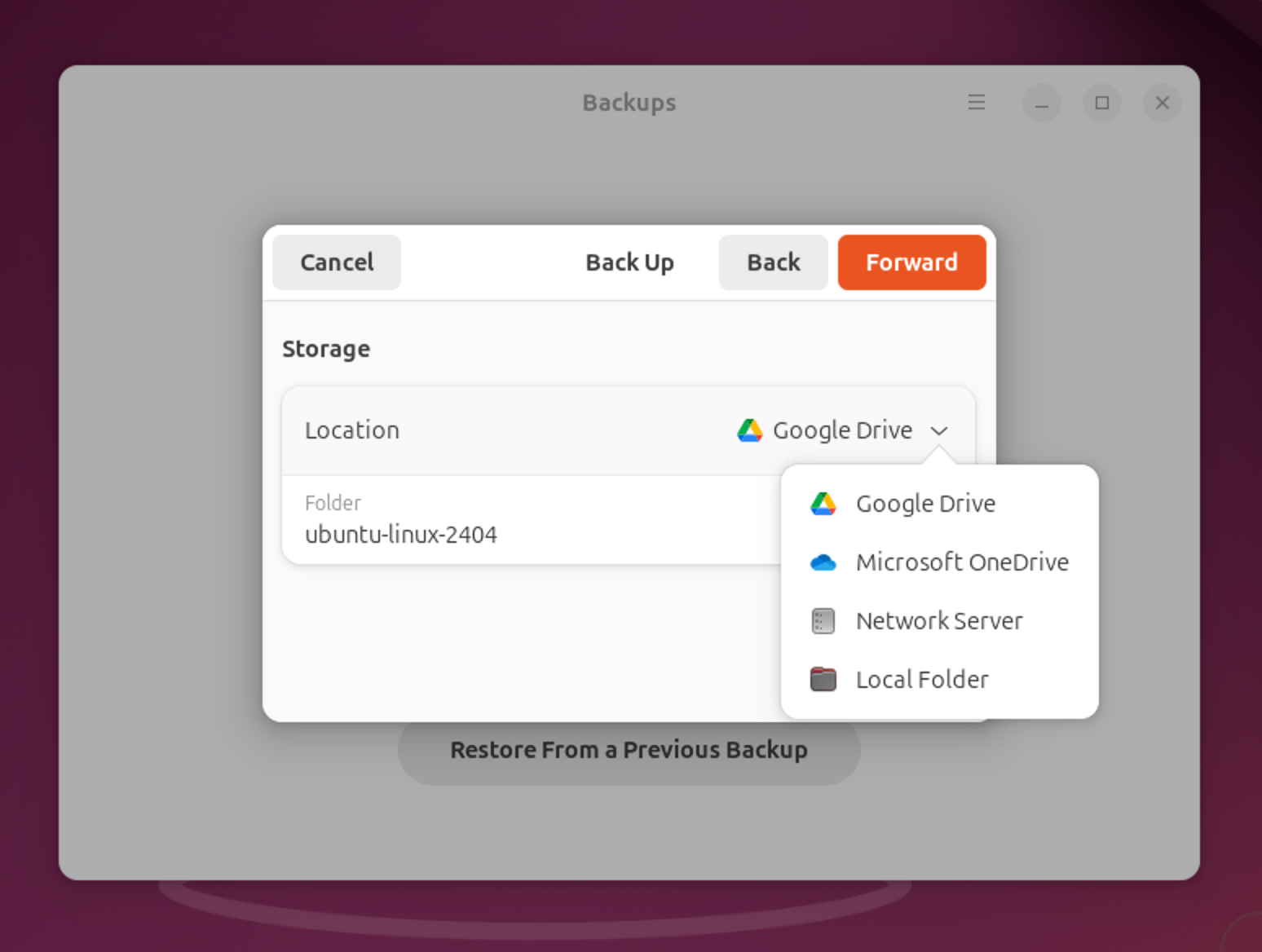 Destination options in Ubuntu Backups.