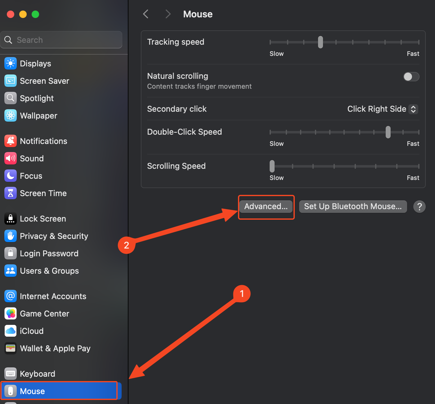 the Mouse menu in macOS settings app.