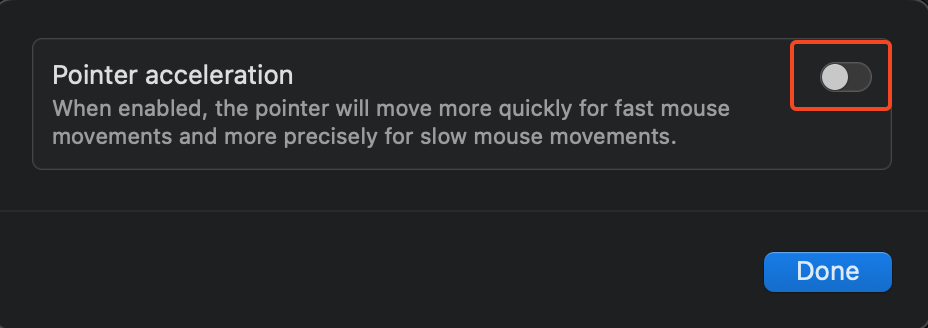 Pointer acceleration toggle in the macOS settings app.