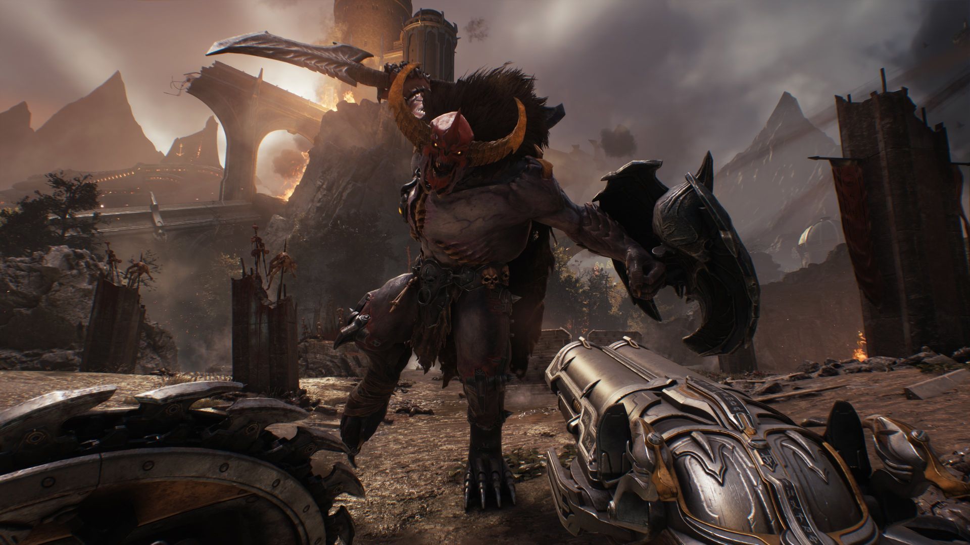 Doom The Dark Ages screenshot showing shotgun and shield combat from the player's perspective.