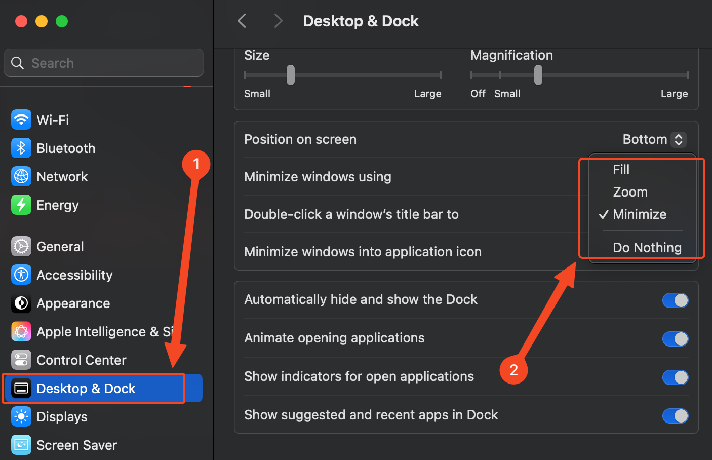 Desktop and Dock menu on macOS showing various options.