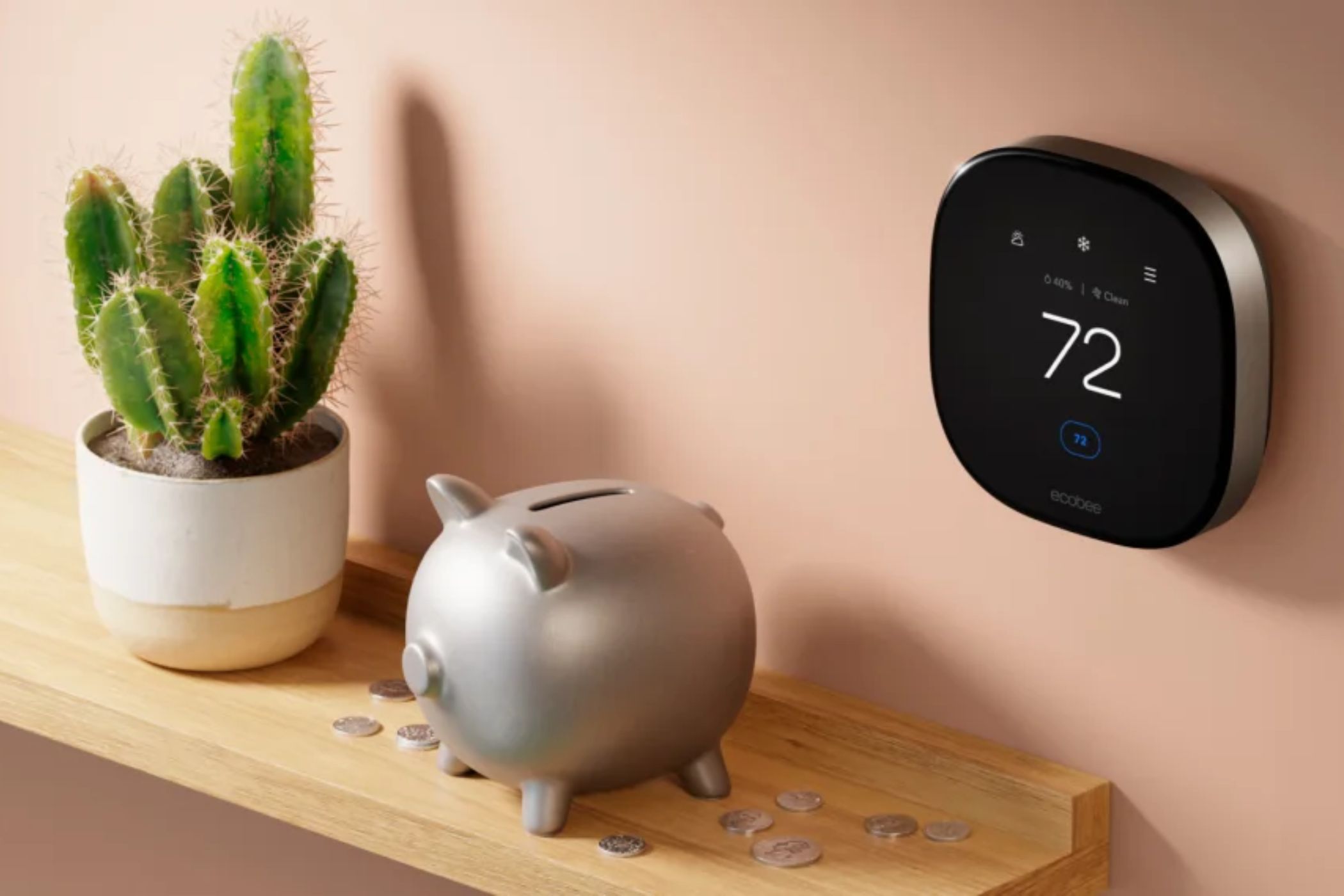 Ecobee Smart Thermostat Premium installed next to a piggy bank and cactus.