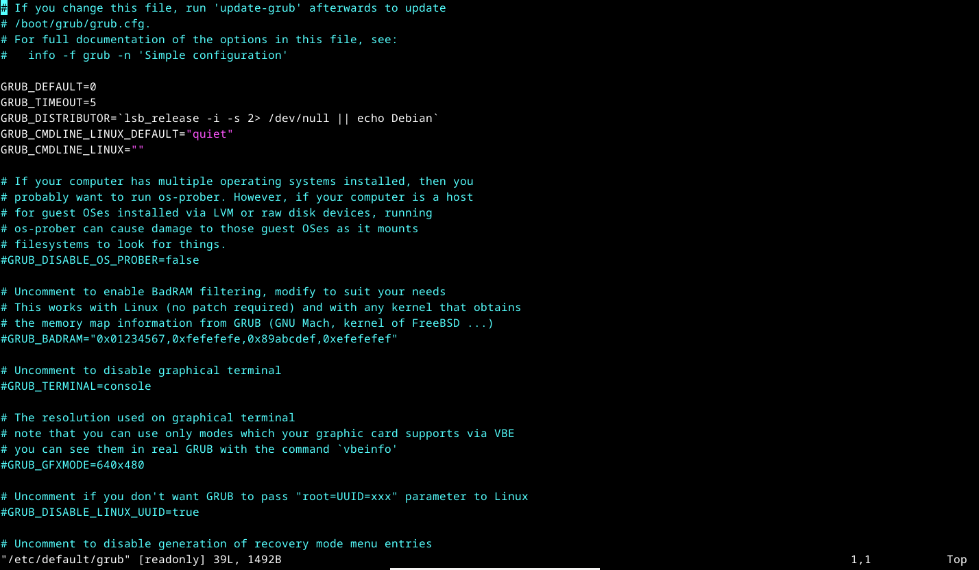 The /etc/default/grub file open in Vim.
