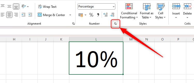 Excel's Format Cells dialog box launcher icon in the Number group of the Home tab on the ribbon.