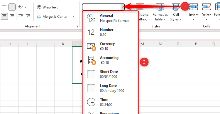 Excel's number format drop-down menu is expanded to show the first eight number format options available.