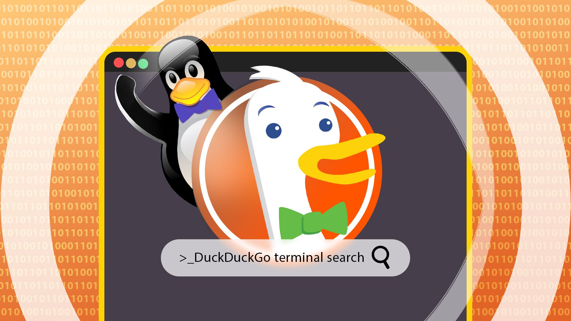 DuckDuckGo logo with the Linux mascot behind it wearing a bow tie, and a terminal in the background.