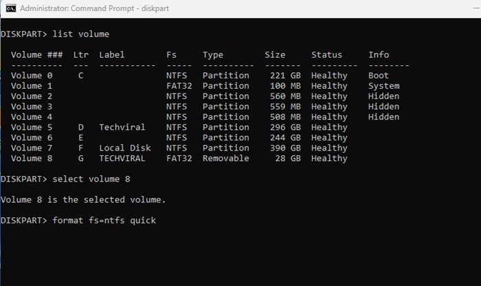 format fs=ntfs quick