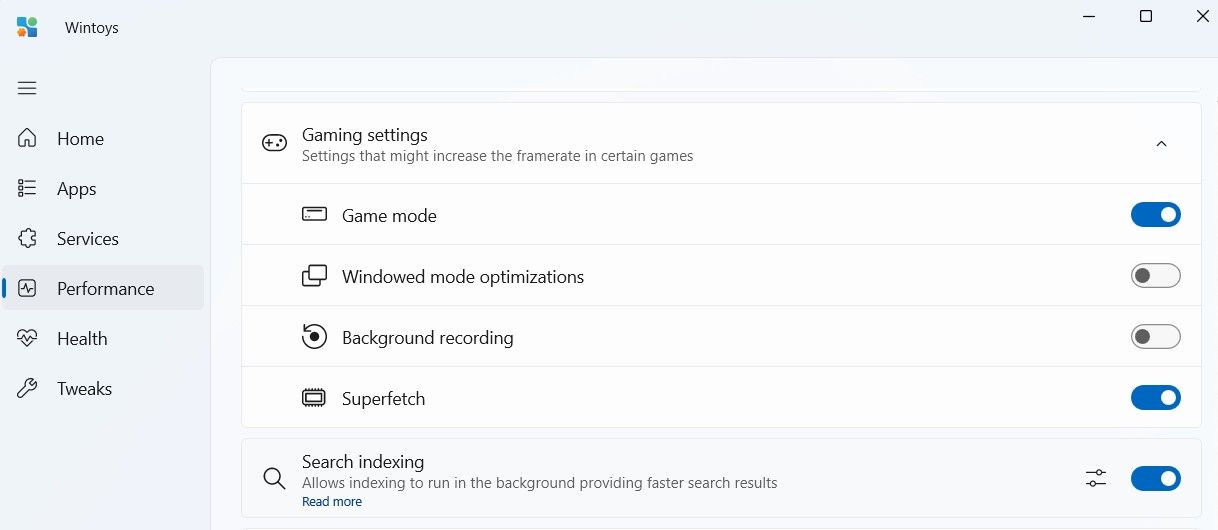 Gaming Settings section in the Wintoys app.