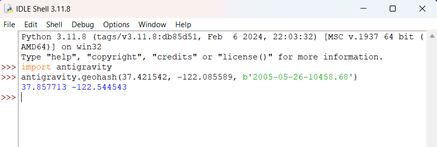 Generating a geohash using Python's geohash function in the antigravity module.