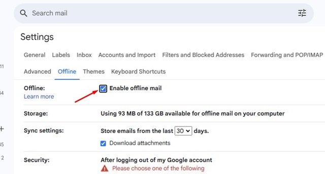 Enable offline mail