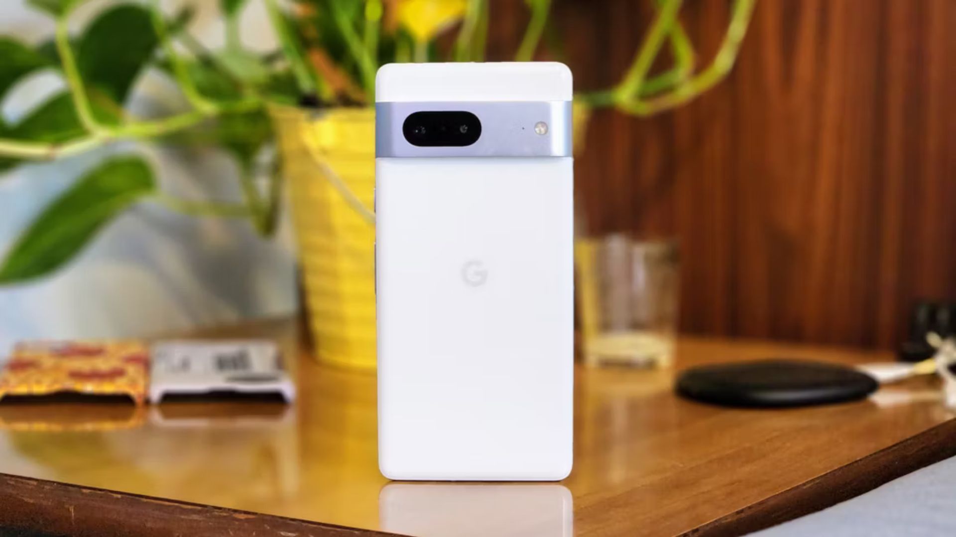 Google Pixel 7 standing on a table.