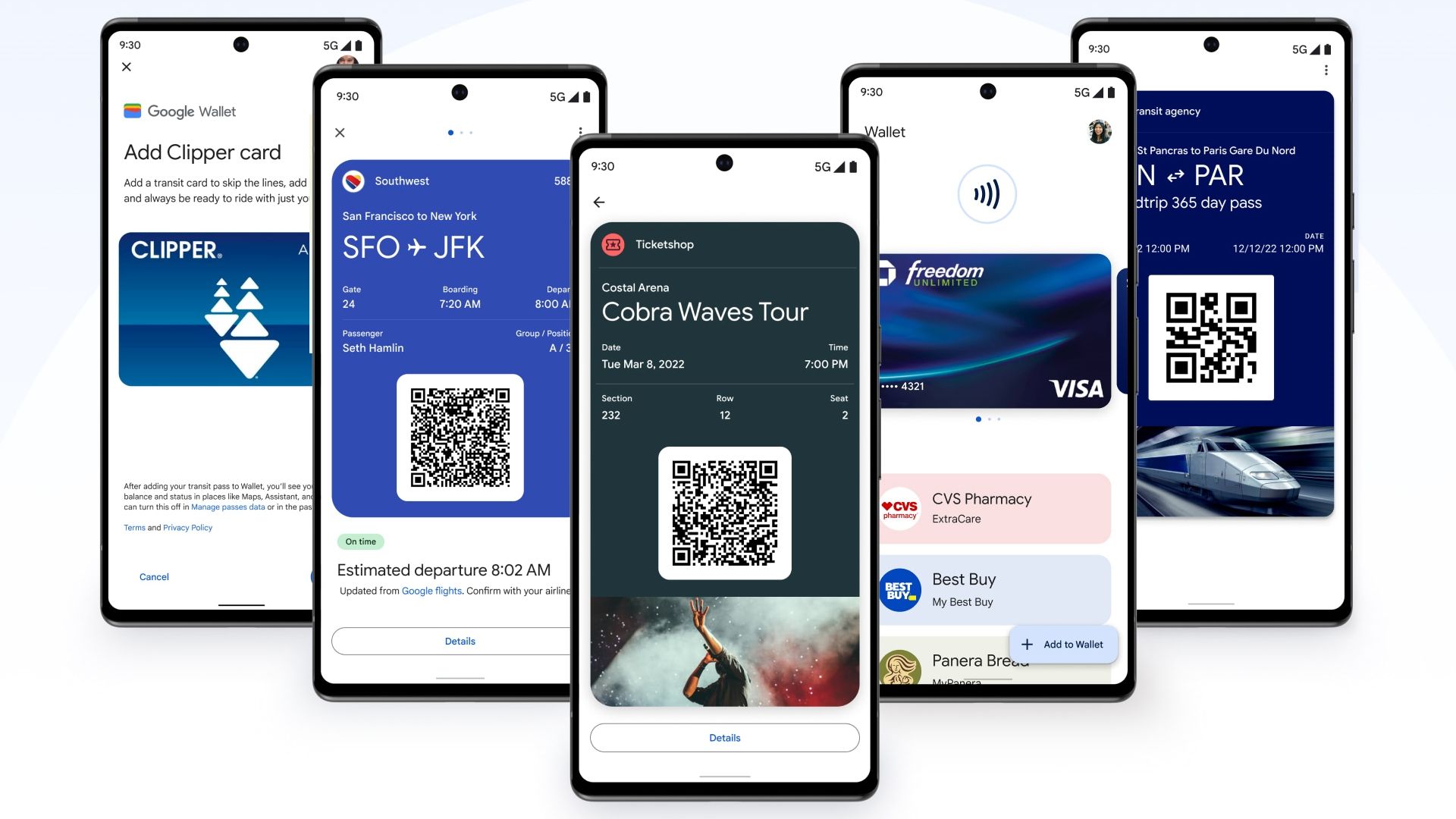 Various cards and passes supported by Google Wallet