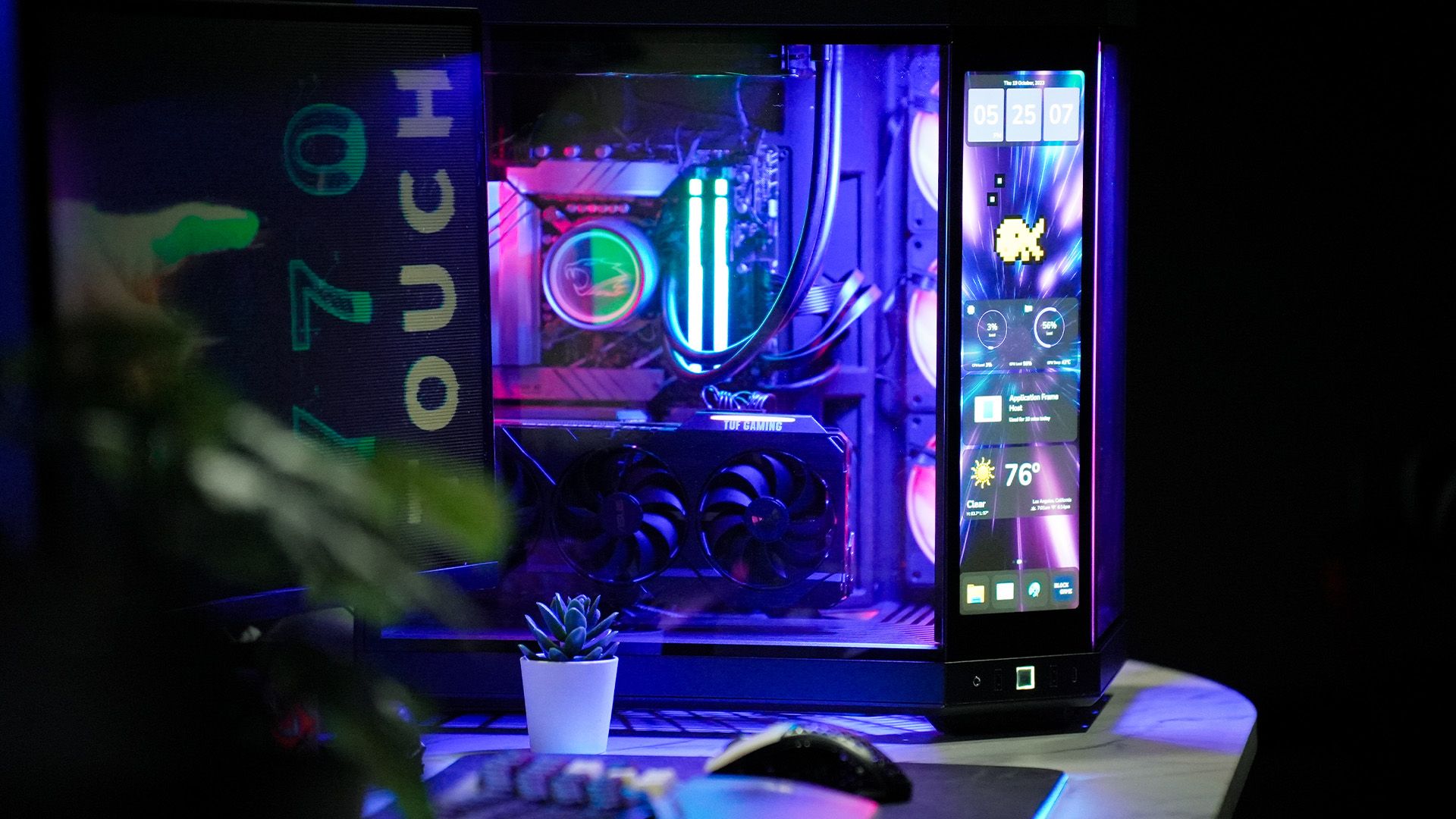 A close up shot of the HYTE Y70 Touch PC case that has a built-in angled touchscreen.