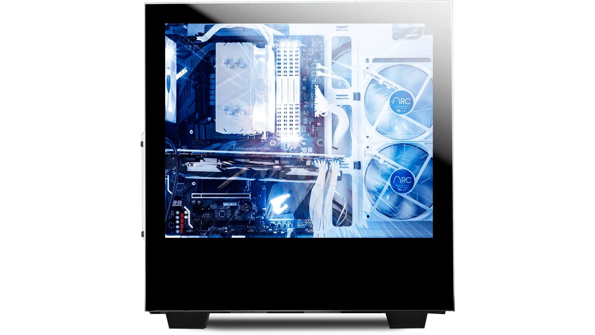 iBuyPower's Snowblind S case with a display for the side panel showing that it can be translucent so you can see the PC's components.