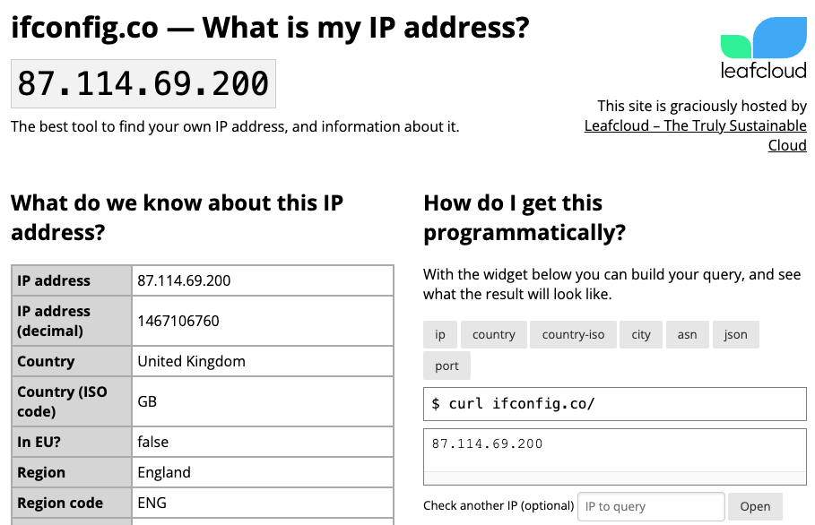 The ifconfig.co home page in a web browser with details including the user’s public IP address. their country, and their region.