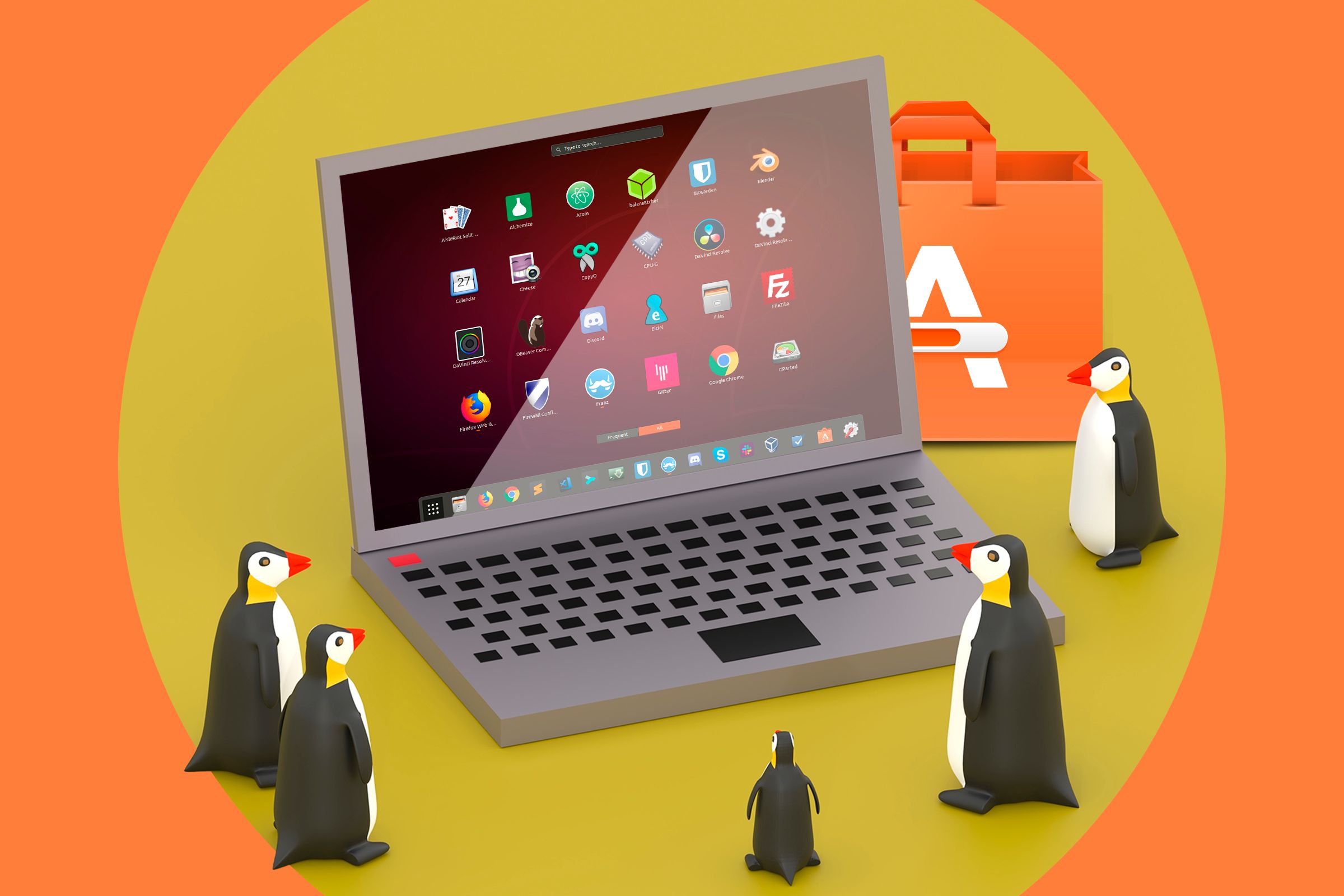 Illustration of a laptop with Linux apps and some penguins looking at the screen.