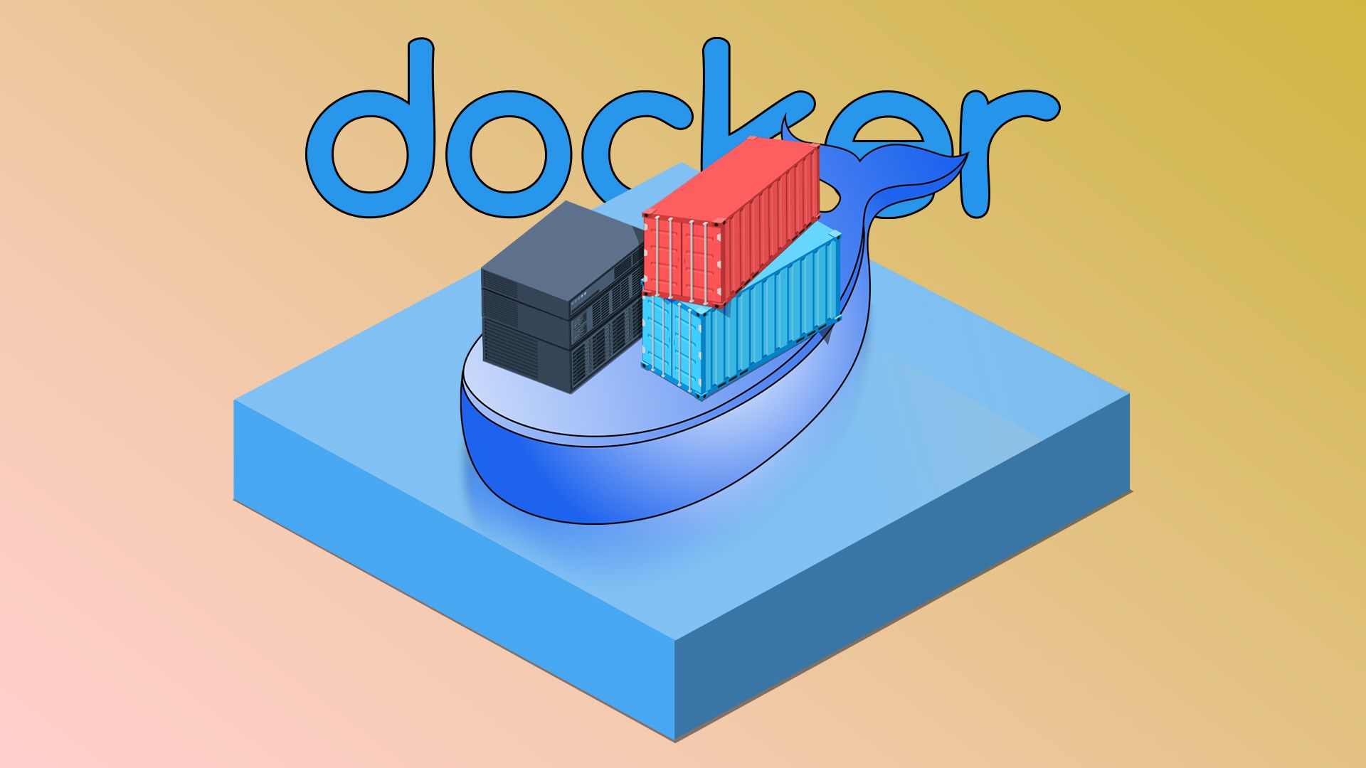 Illustration of the Docker logo, featuring a stylized whale carrying containers and a NAS server.