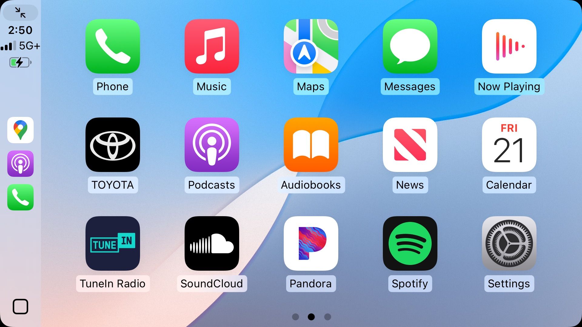 App icons on CarPlay, featuring music, navigation, messaging, and various streaming services.