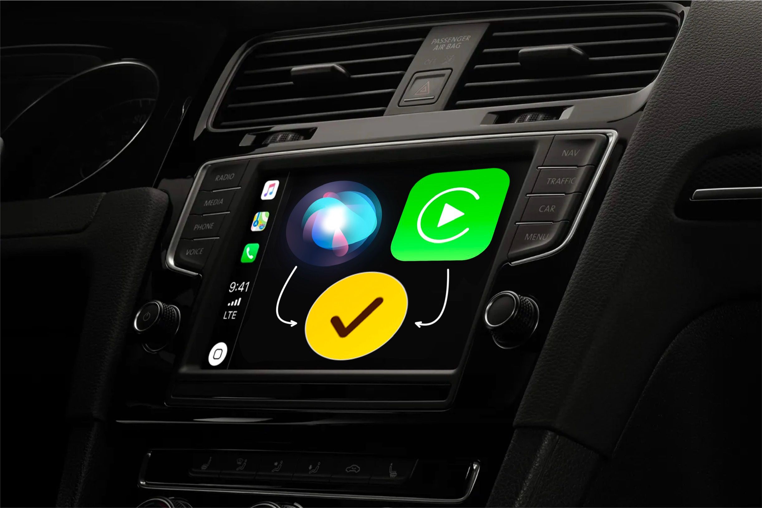 A Siri, Check In, and CarPlay icon, all displayed on a car’s infotainment screen.