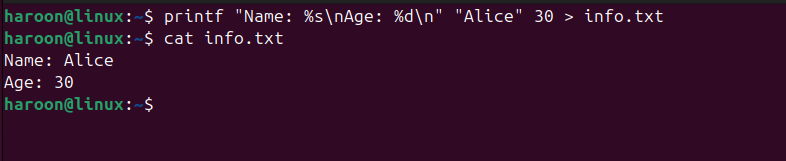 Inserting and viewing the file content of newly created file using the printf and cat command.