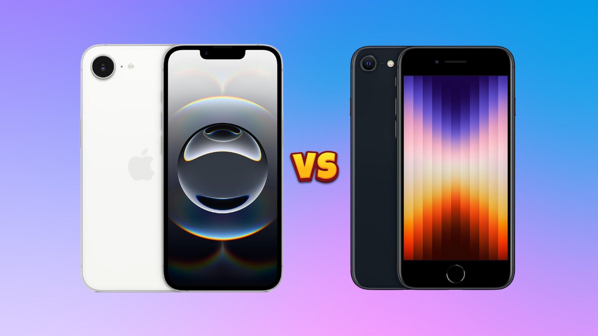 Image of the iPhone 16e and the iPhone SE 3 with a versus symbol in between over a gradient background.