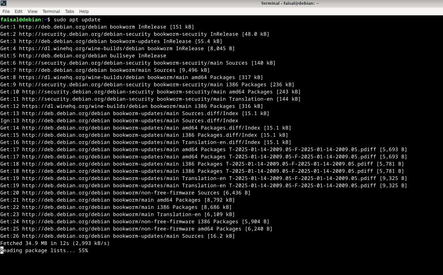 Refreshing the packages using the command-line on Debian.