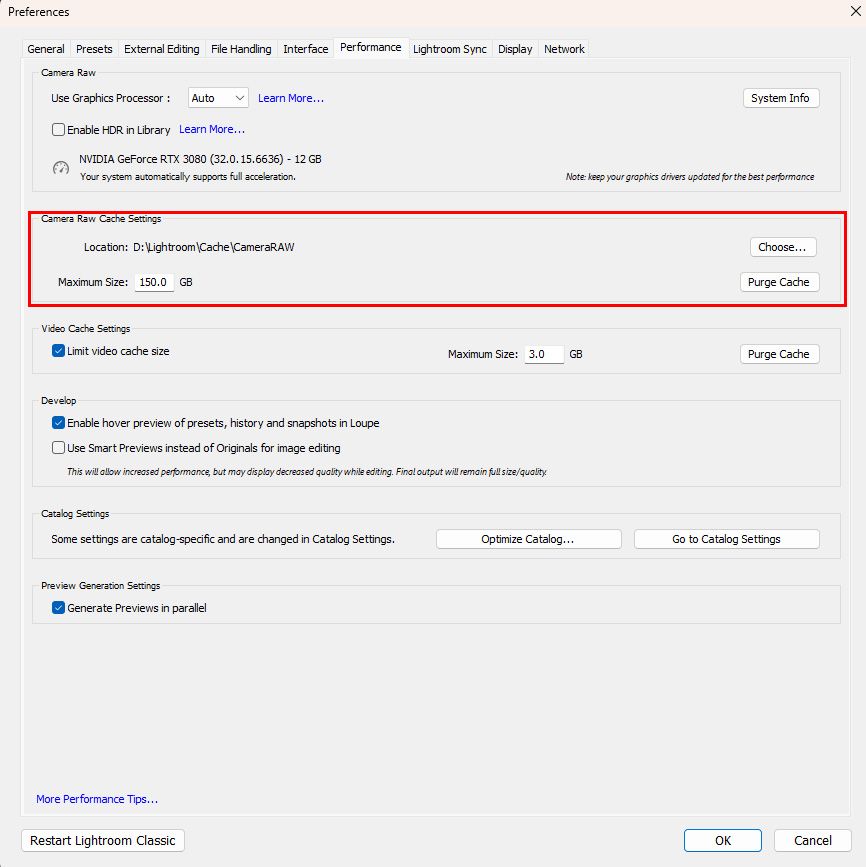 Adobe Lightroom Classic settings showing to increase the CameraRAW cache size to improve performance.