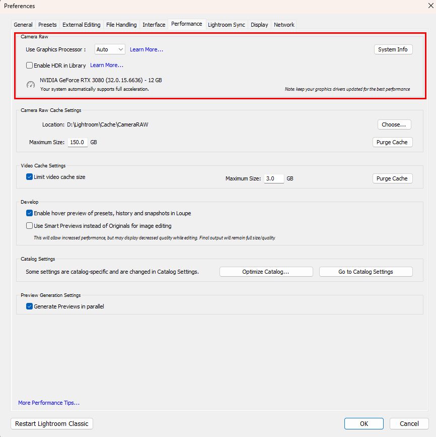 Adobe Lightroom Classic showing to ensure your GPU settings are on auto for the best performance.