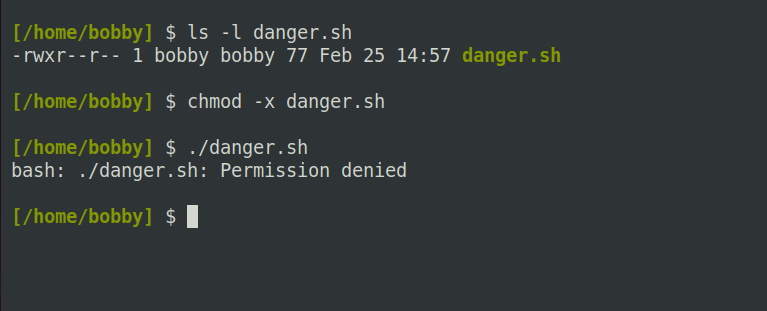 Removing execute permission from a file then trying to run it produces an error reading "Permission denied."