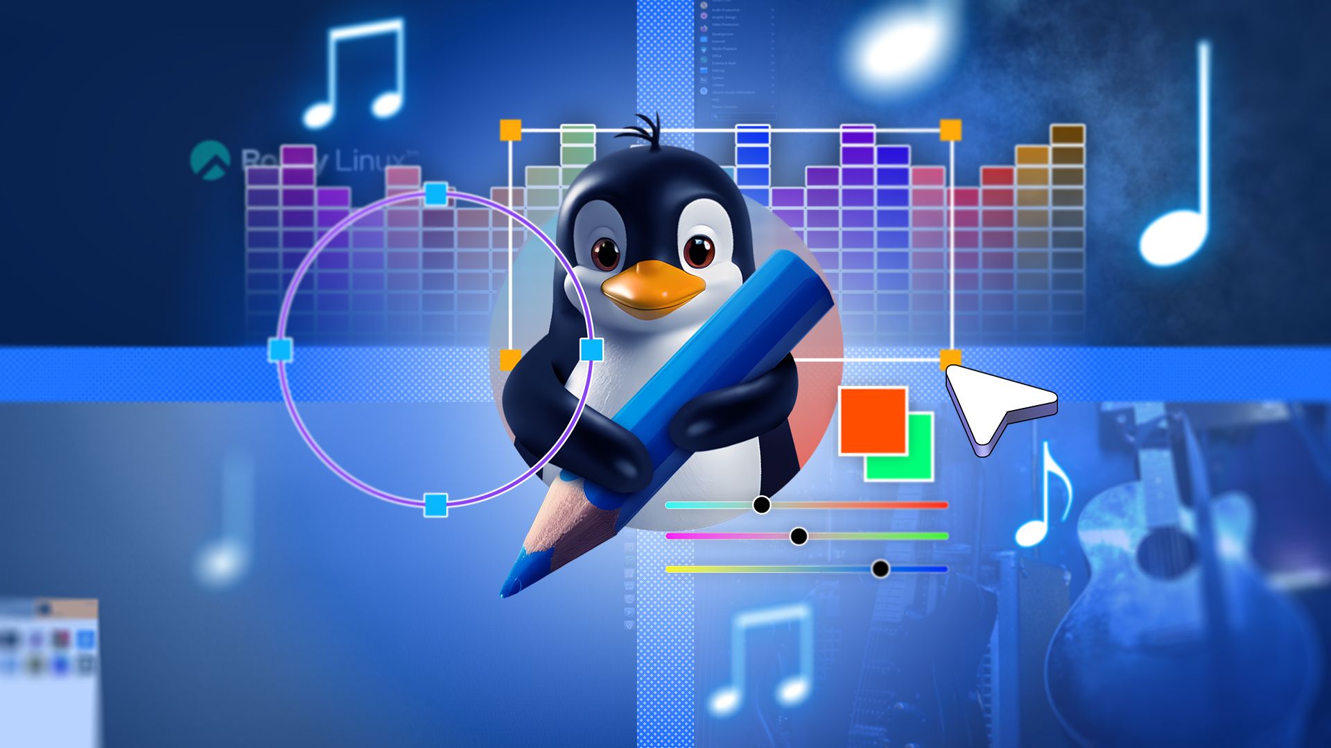 Linux mascot holding a blue pencil, colorful equalizer bars in the background, and glowing musical notes, sliders, and geometric shapes around.