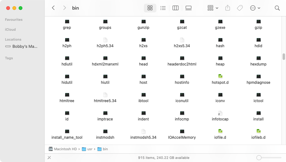 A macOS Finder window showing the contents of the /usr/bin directory which includes common Linux tools like grep, head, and host.