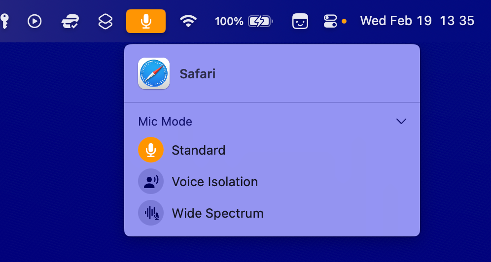 macOS Microphone Modes menu in the menu bar.