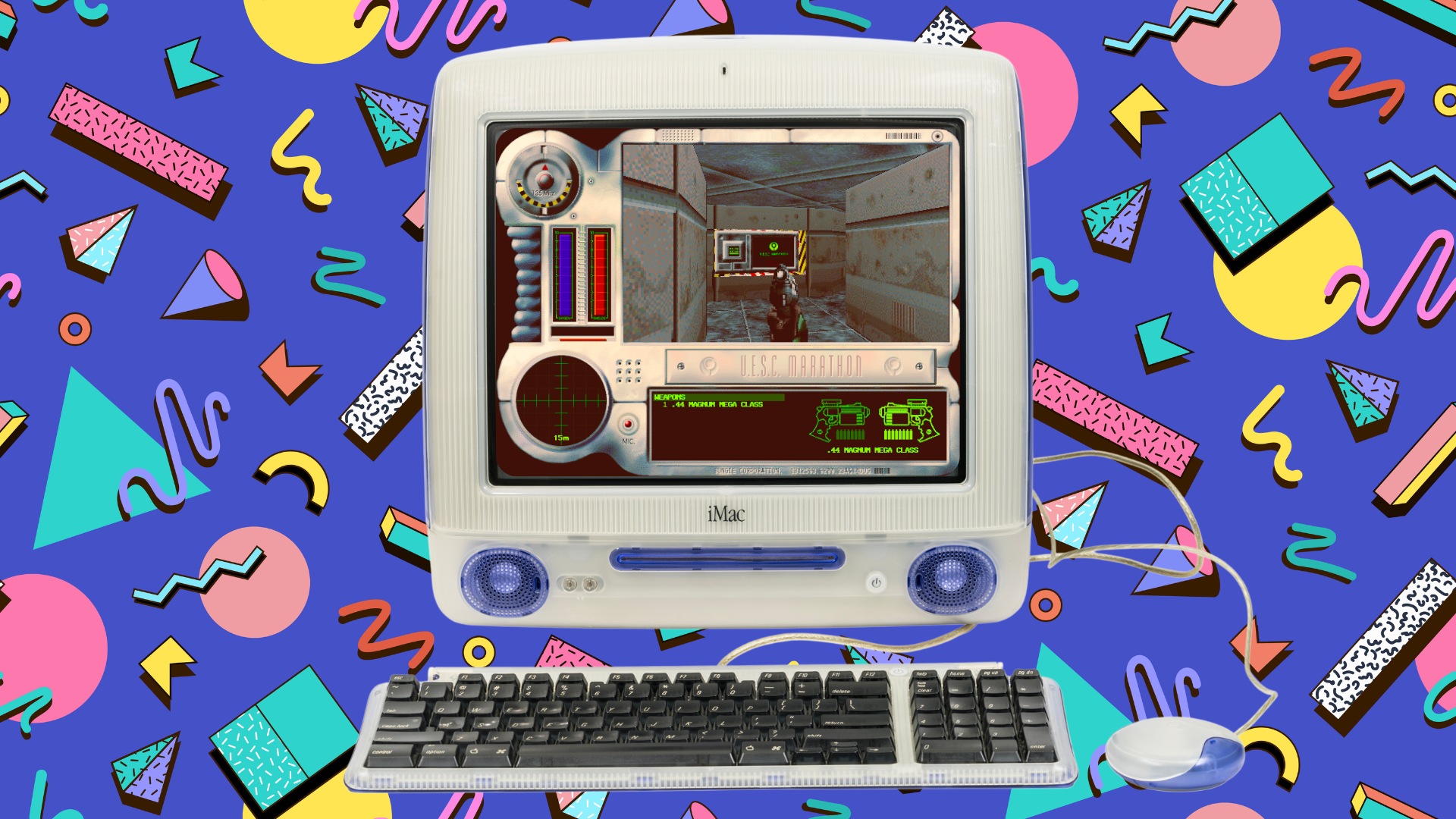 Marathon on an iMac G3 with a 90s style background pattern.