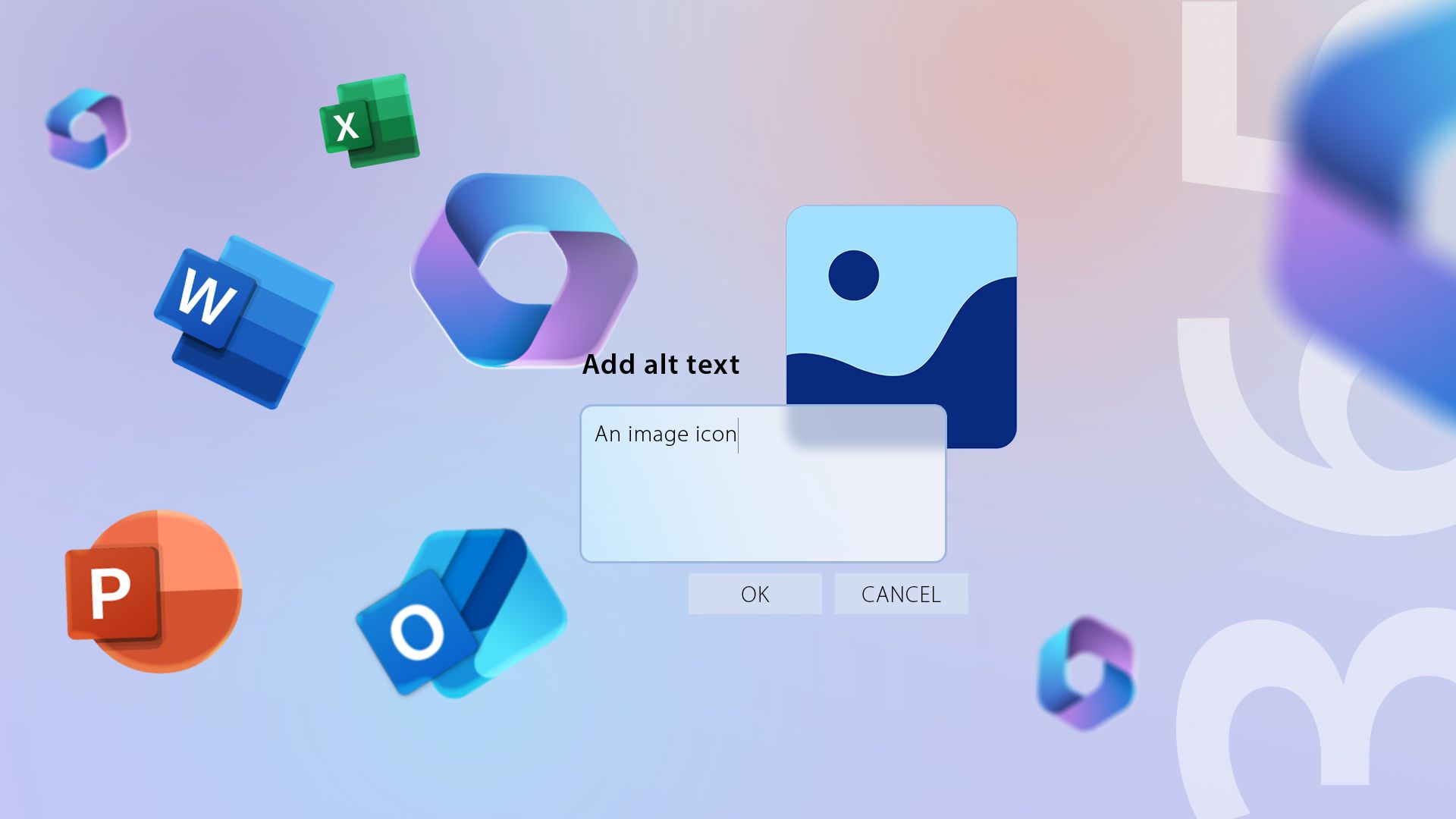 Microsoft 365 logo with some of its apps beside it and a field to add alt text.
