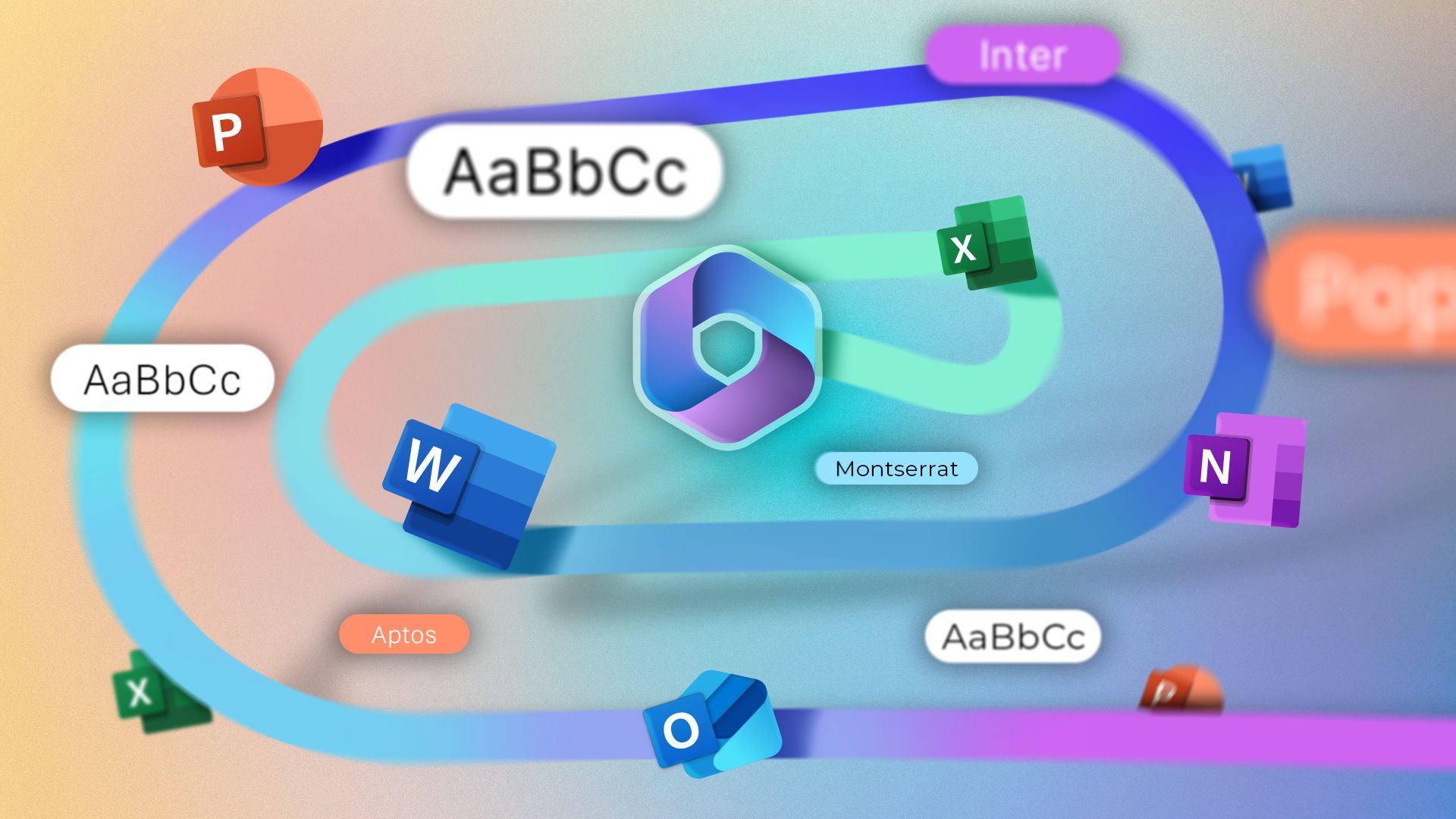 Microsoft 365 logos, Word, Excel, OneNote, Outlook, and PowerPoint with some fonts around.