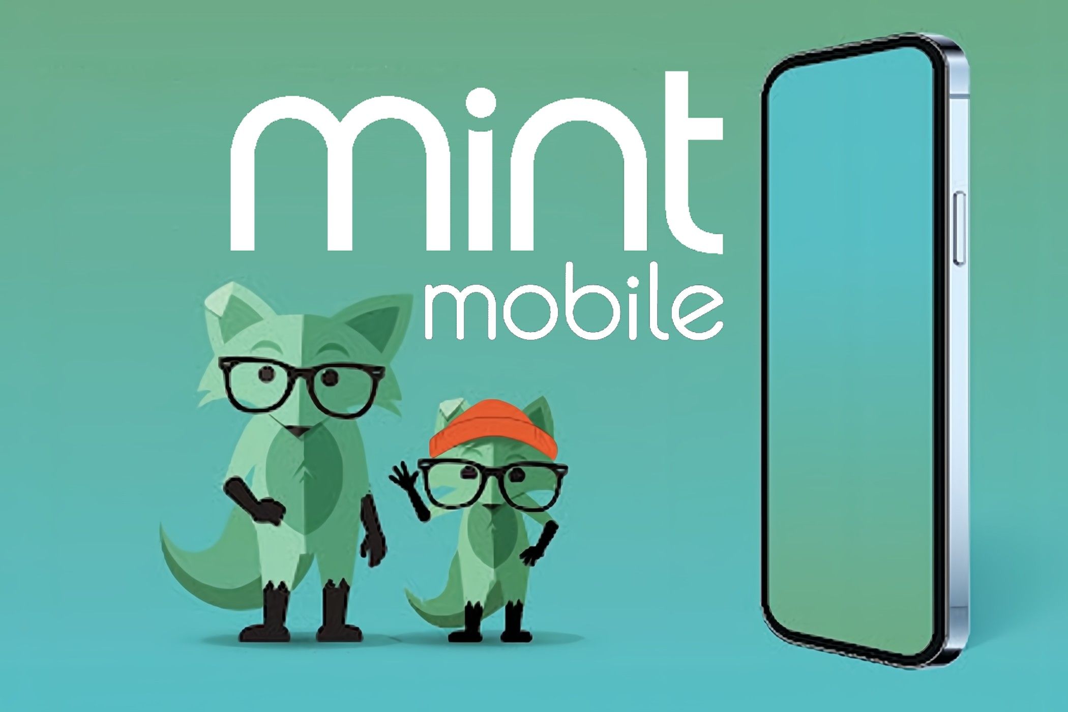 Mint Mobile logo with the mint fox and the kid fox with a beanie next to a phone