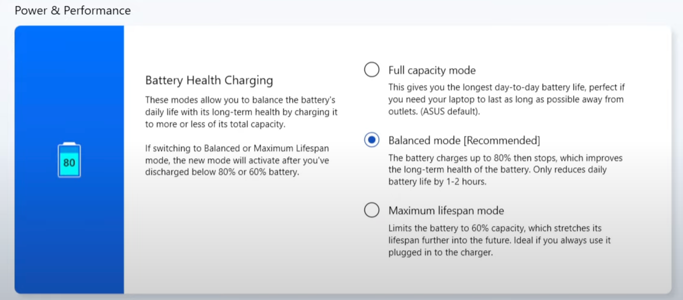 MyASUS setting to limit battery charging to 80% on Windows.